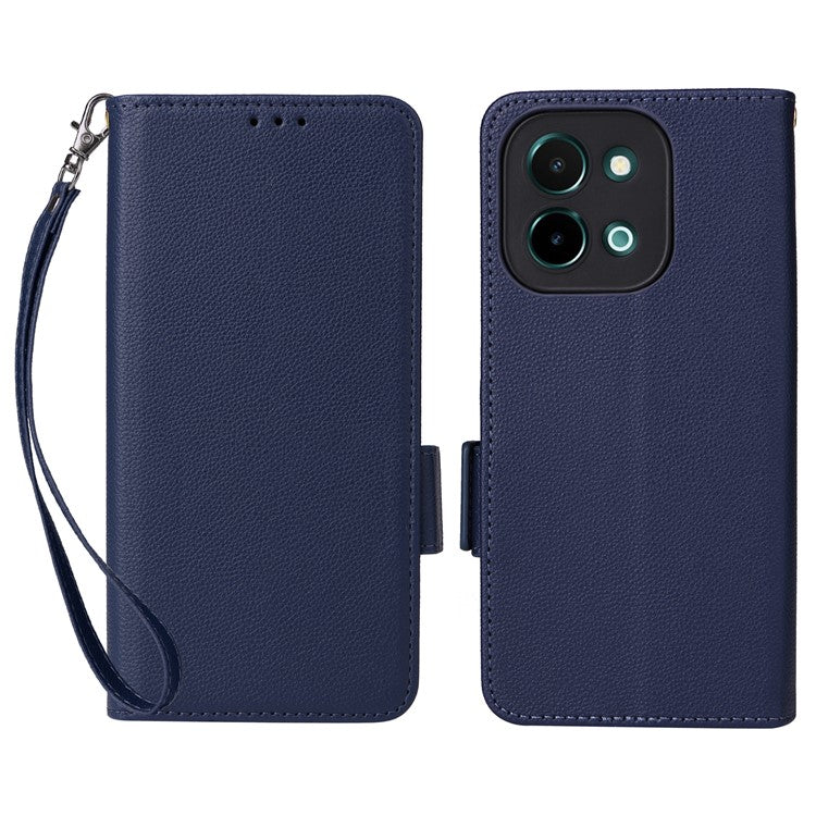 For vivo Y28 4G Shockproof Case Litchi Texture Leather Phone Cover with Strap - Dark Blue