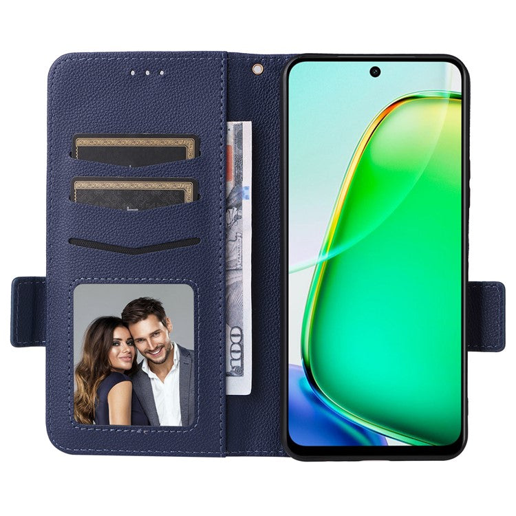 For vivo Y28 4G Shockproof Case Litchi Texture Leather Phone Cover with Strap - Dark Blue