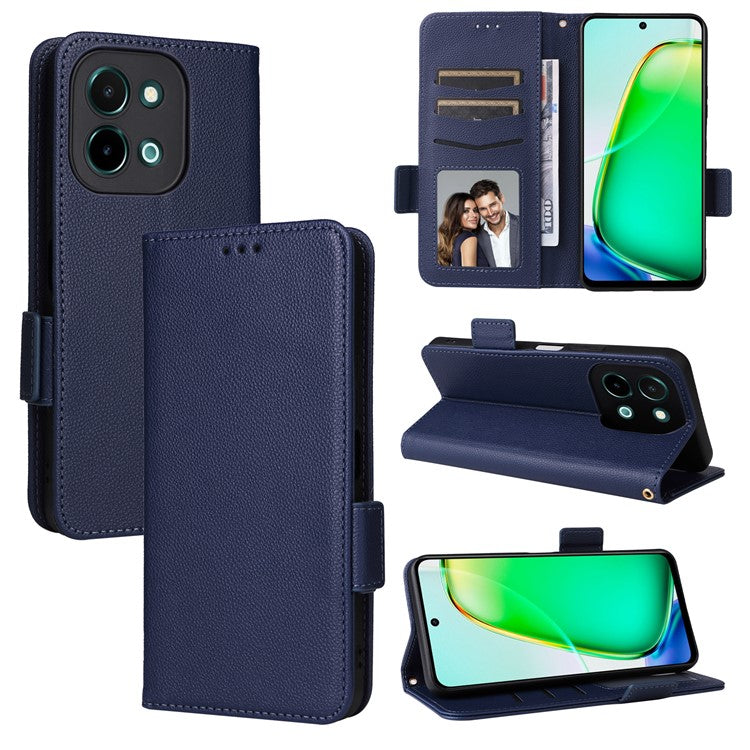 For vivo Y28 4G Shockproof Case Litchi Texture Leather Phone Cover with Strap - Dark Blue