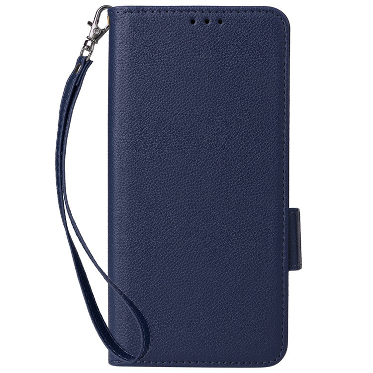 For vivo Y28 4G Shockproof Case Litchi Texture Leather Phone Cover with Strap - Dark Blue