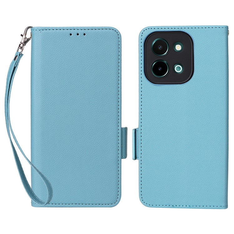 For vivo Y28 4G Shockproof Case Litchi Texture Leather Phone Cover with Strap - Baby Blue