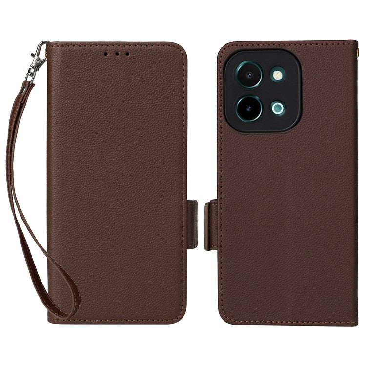 For vivo Y28 4G Shockproof Case Litchi Texture Leather Phone Cover with Strap - Brown