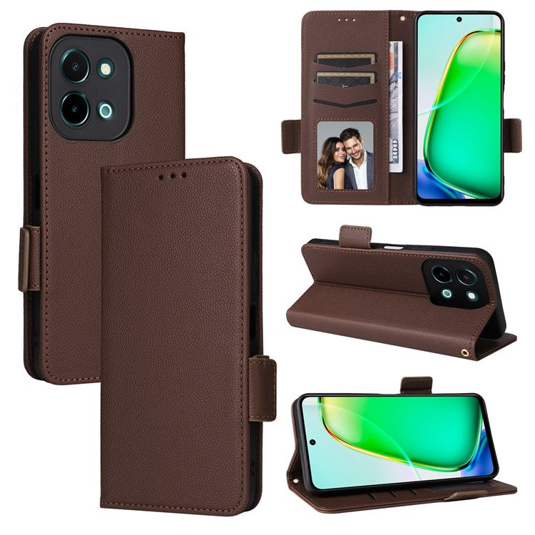 For vivo Y28 4G Shockproof Case Litchi Texture Leather Phone Cover with Strap - Brown