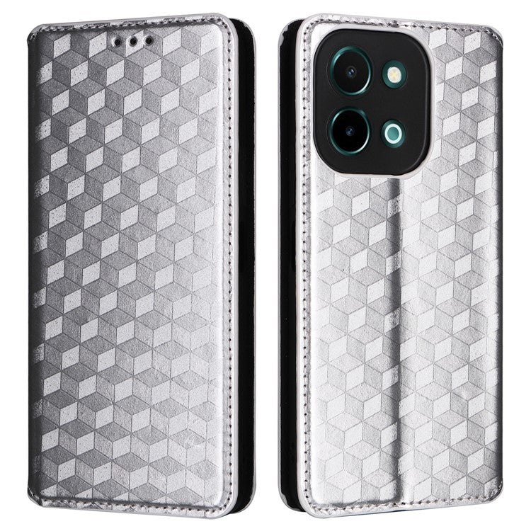 For vivo Y28 4G Magnetic Absorption Case Rhombus Leather Phone Cover - Silver