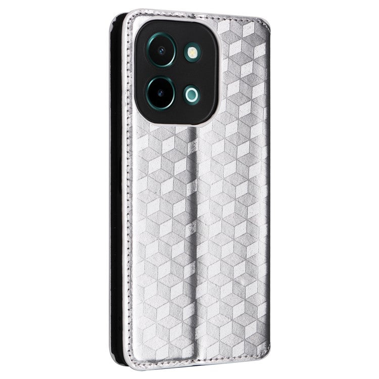 For vivo Y28 4G Magnetic Absorption Case Rhombus Leather Phone Cover - Silver