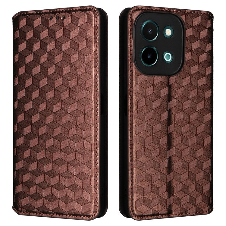 For vivo Y28 4G Magnetic Absorption Case Rhombus Leather Phone Cover - Brown