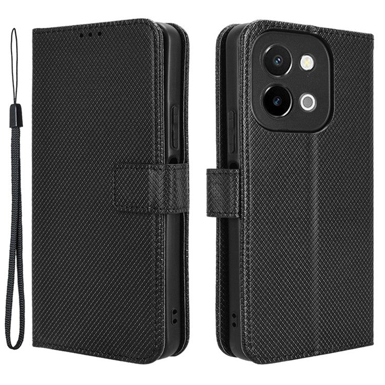 For vivo Y28 4G Case Flip Stand Wallet Diamond Texture Anti-Drop Leather Phone Cover - Black