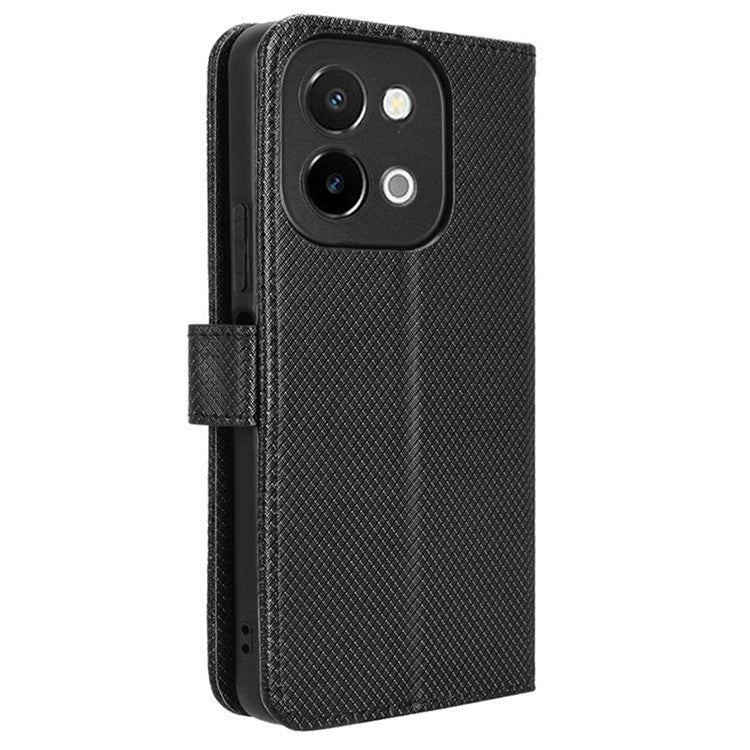 For vivo Y28 4G Case Flip Stand Wallet Diamond Texture Anti-Drop Leather Phone Cover - Black