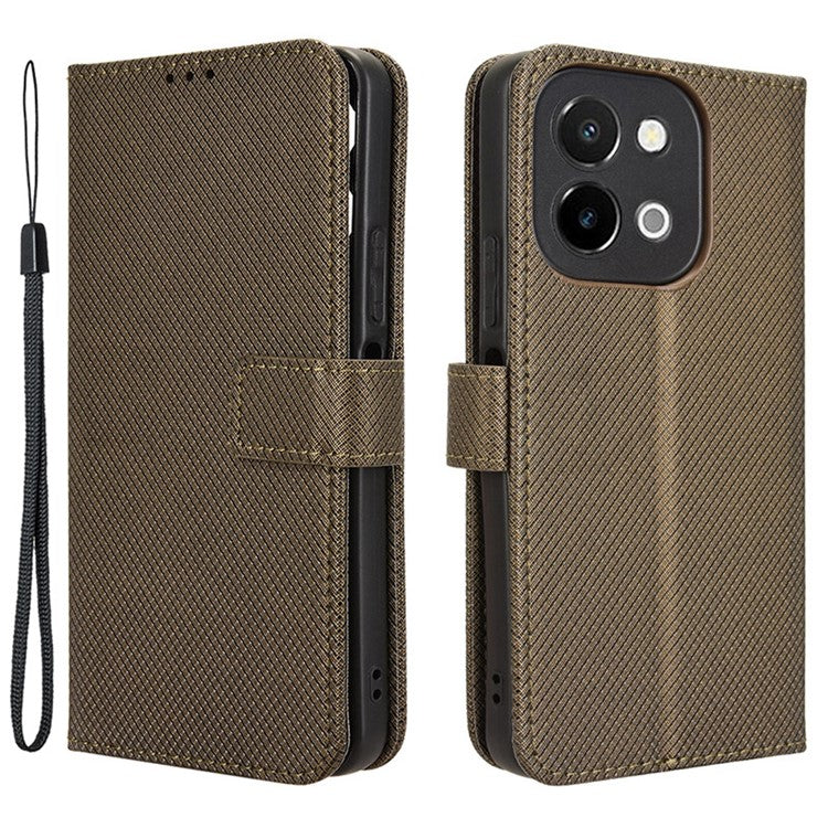 For vivo Y28 4G Case Flip Stand Wallet Diamond Texture Anti-drop Leather Phone Cover - Brown