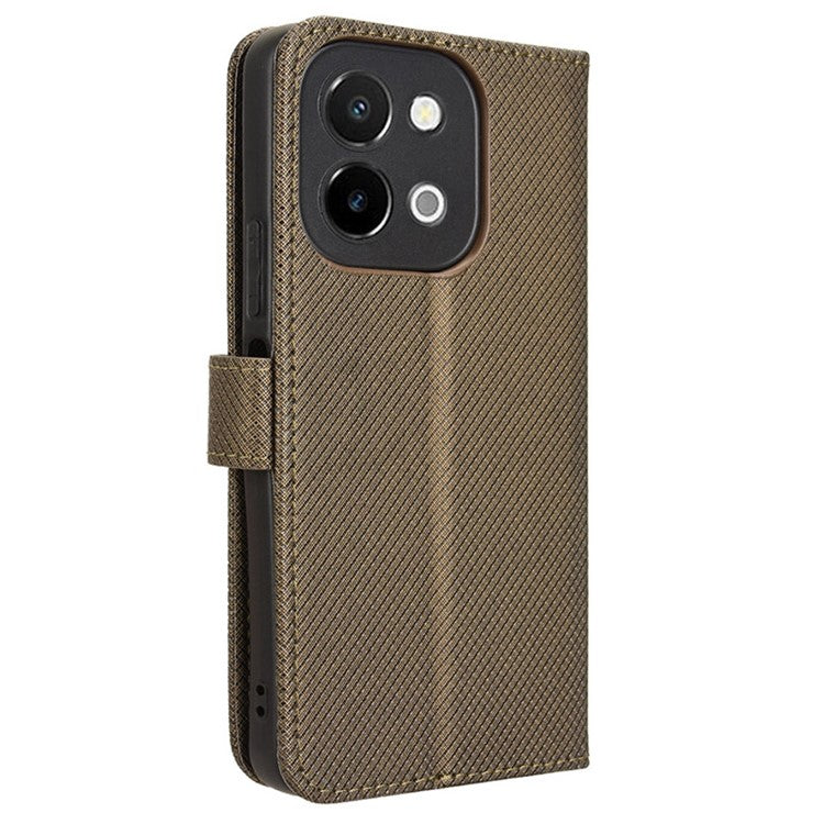 For vivo Y28 4G Case Flip Stand Wallet Diamond Texture Anti-drop Leather Phone Cover - Brown