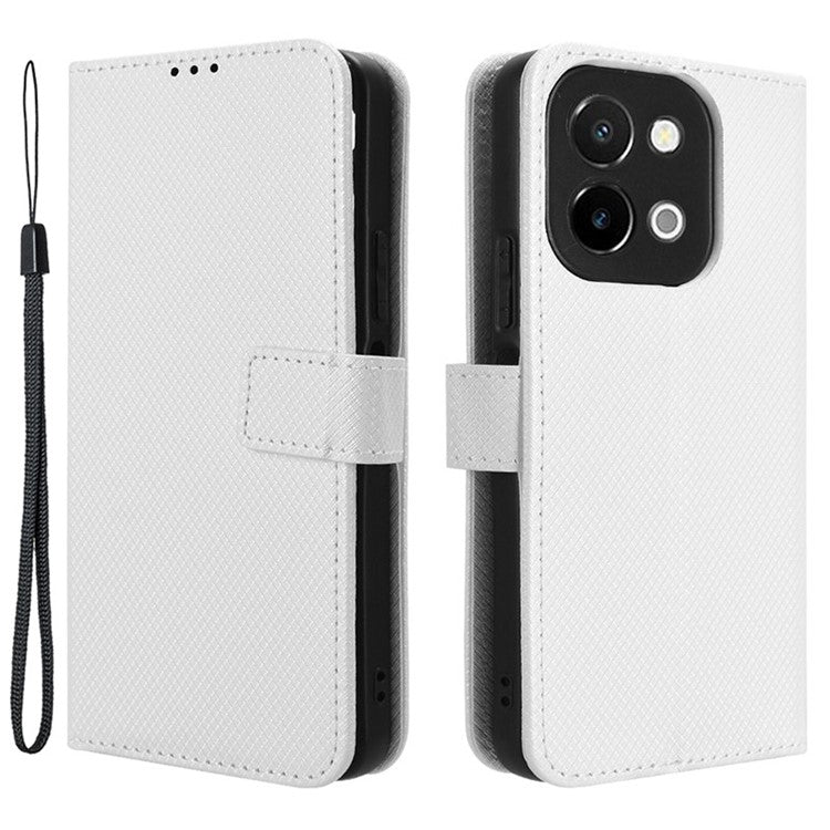 For vivo Y28 4G Case Flip Stand Wallet Diamond Texture Anti-drop Leather Phone Cover - White