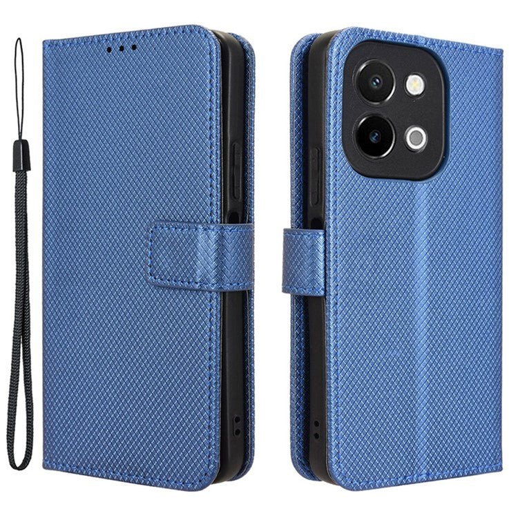 For vivo Y28 4G Case Flip Stand Wallet Diamond Texture Anti-drop Leather Phone Cover - Blue