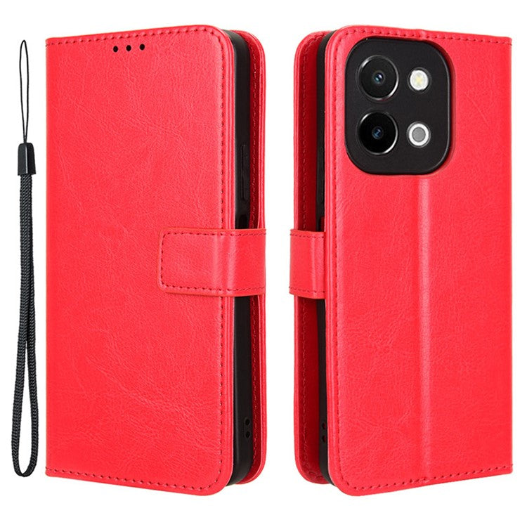 For vivo Y28 4G Phone Stand Case Crazy Horse Texture PU Leather Phone Cover Shell - Red