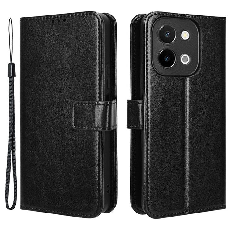 For vivo Y28 4G Phone Stand Case Crazy Horse Texture PU Leather Phone Cover Shell - Black