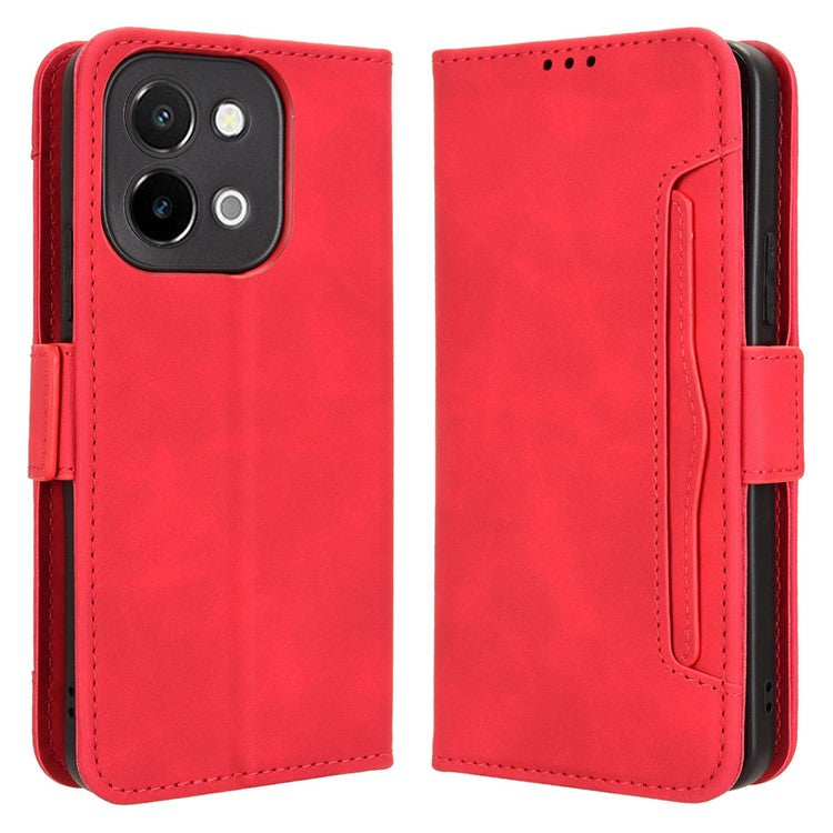 For vivo Y28 4G Leather Phone Cover Multiple Card Slots Folio Purse Shell - Red