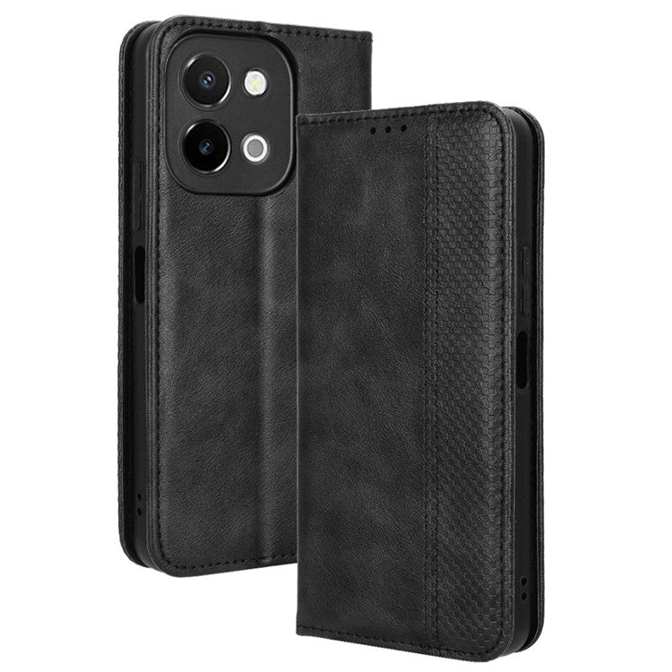 For vivo Y28 4G Case PU Leather Retro Magnetic Closing Drop-proof Phone Cover - Black