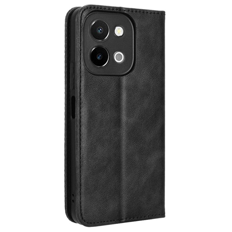 For vivo Y28 4G Case PU Leather Retro Magnetic Closing Drop-proof Phone Cover - Black