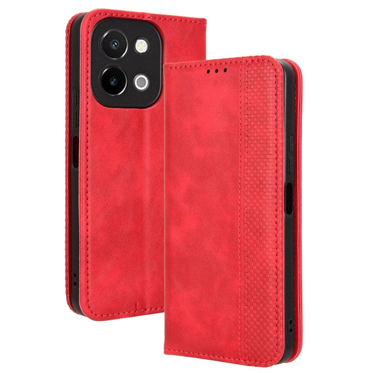 For vivo Y28 4G Case PU Leather Retro Magnetic Closing Drop-proof Phone Cover - Red