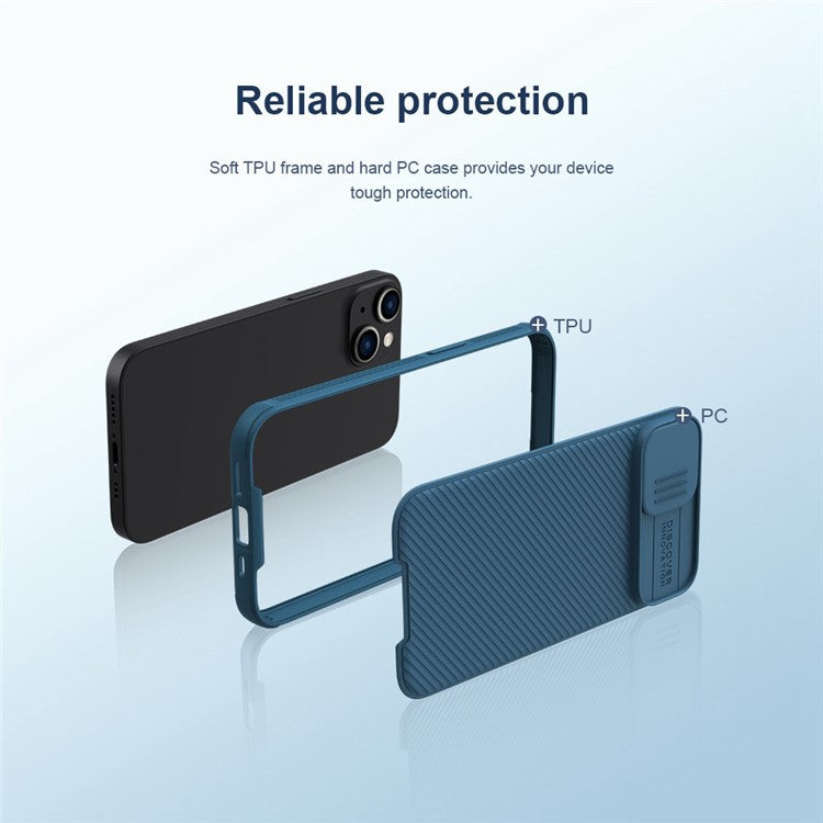 NILLKIN-CamShield-Pro-Series-for-iPhone-14-/-iPhone-13-Magnetic-Phone-Case-Hard-PC-Soft-TPU-Scratch-Resistant-Non-Slip-Phone-Protector-with-Slide-Camera-Lens-Cover---Blue