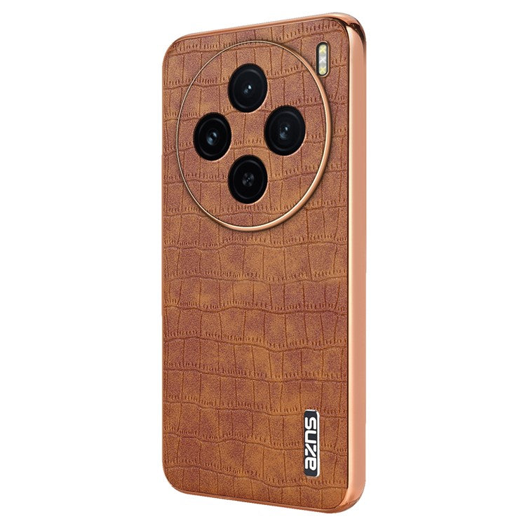 AZNS For vivo X100 5G Case Leather+TPU Electroplating Phone Cover Crocodile Texture - Brown