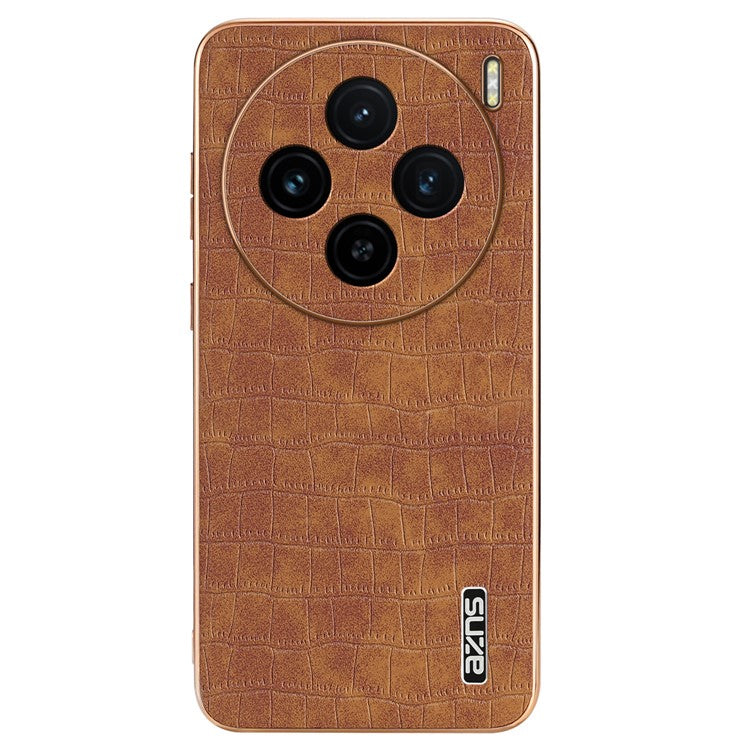 AZNS For vivo X100 5G Case Leather+TPU Electroplating Phone Cover Crocodile Texture - Brown