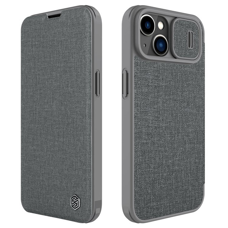 NILLKIN-Qin-Pro-Series-for-iPhone-14-/-iPhone-13-Full-Protection-Phone-Case-with-Sliding-Lens-Cover-PU-Leather-Phone-Shell-Card-Holder---Grey