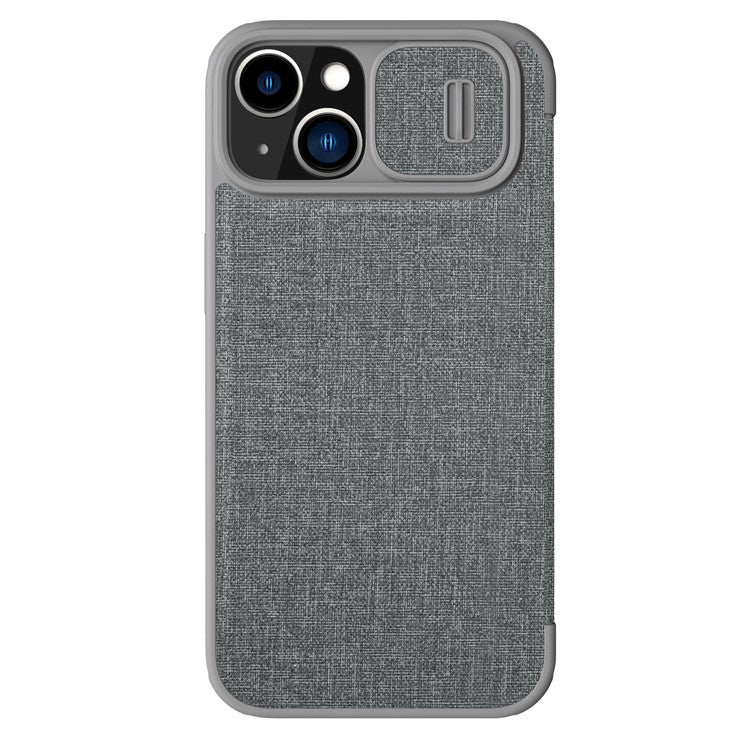 NILLKIN-Qin-Pro-Series-for-iPhone-14-/-iPhone-13-Full-Protection-Phone-Case-with-Sliding-Lens-Cover-PU-Leather-Phone-Shell-Card-Holder---Grey