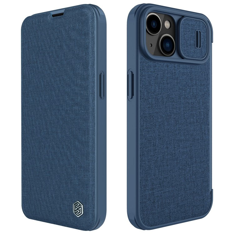 NILLKIN-Qin-Pro-Series-for-iPhone-14-/-iPhone-13-Full-Protection-Phone-Case-with-Sliding-Lens-Cover-PU-Leather-Phone-Shell-Card-Holder---Blue