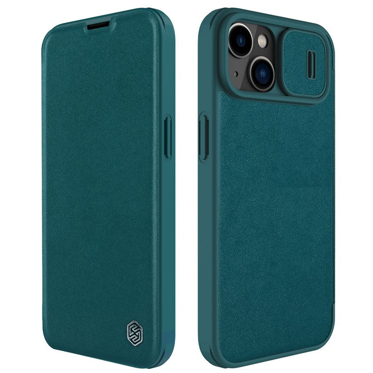 NILLKIN-Qin-Pro-Series-for-iPhone-14-/-iPhone-13-Full-Protection-Phone-Case-with-Sliding-Lens-Cover-PU-Leather-Phone-Shell-Card-Holder---Green