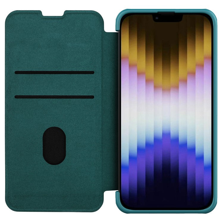 NILLKIN-Qin-Pro-Series-for-iPhone-14-/-iPhone-13-Full-Protection-Phone-Case-with-Sliding-Lens-Cover-PU-Leather-Phone-Shell-Card-Holder---Green