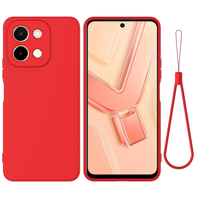 For vivo Y28 4G Case Liquid Silicone Phone Cover with Hand Strap - Red