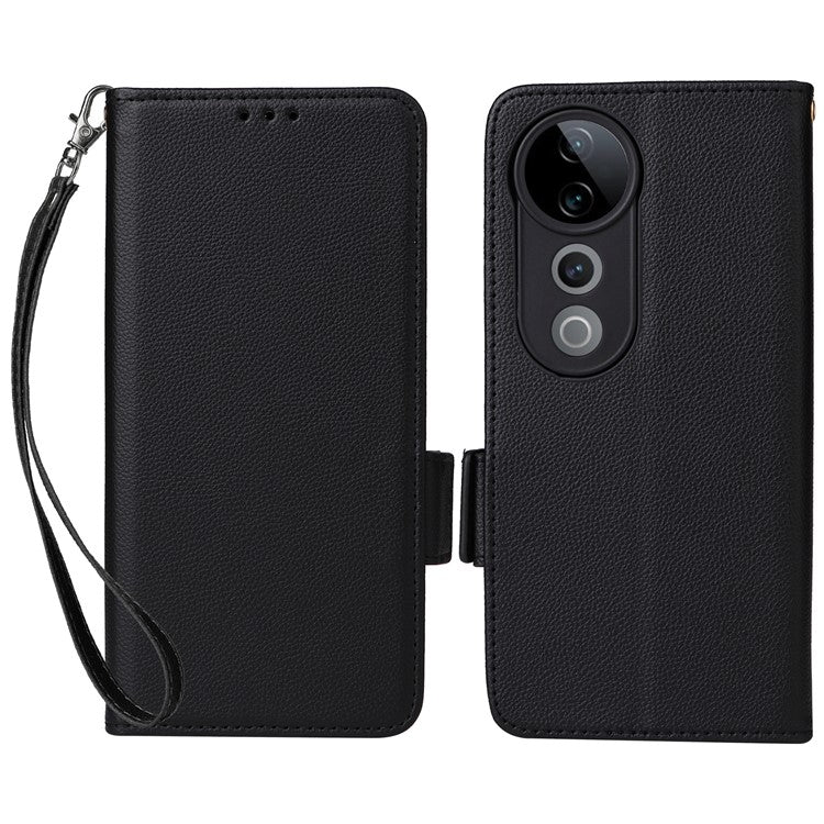 For vivo S19 Pro 5G Case Litchi Texture Leather Phone Cover with Hand Strap - Black