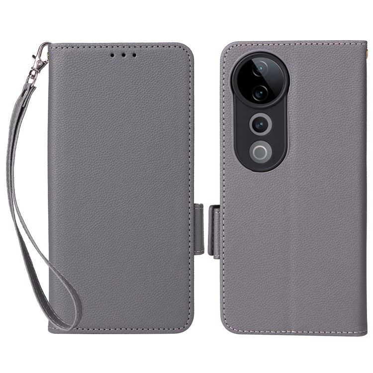 For vivo S19 Pro 5G Case Litchi Texture Leather Phone Cover with Hand Strap - Grey