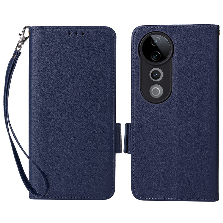 For vivo S19 Pro 5G Case Litchi Texture Leather Phone Cover with Hand Strap - Dark Blue