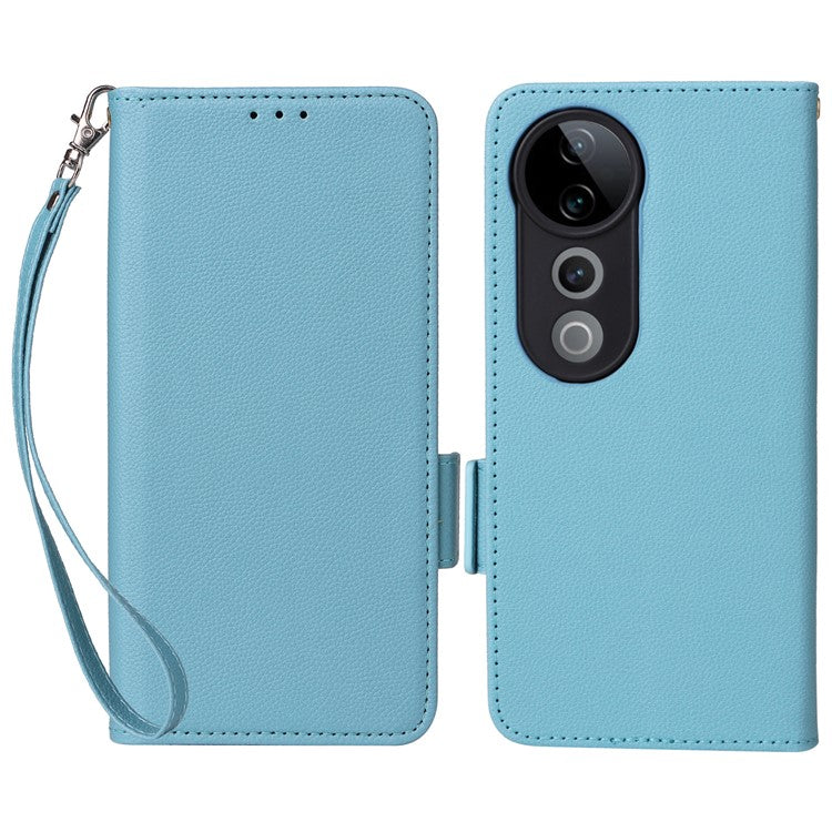 For vivo S19 Pro 5G Case Litchi Texture Leather Phone Cover with Hand Strap - Baby Blue