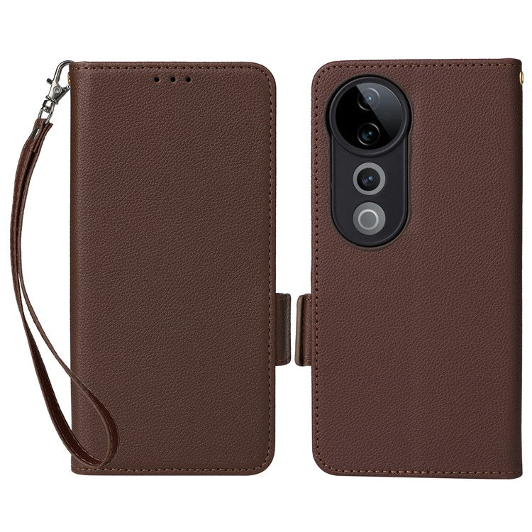 For vivo S19 Pro 5G Case Litchi Texture Leather Phone Cover with Hand Strap - Brown