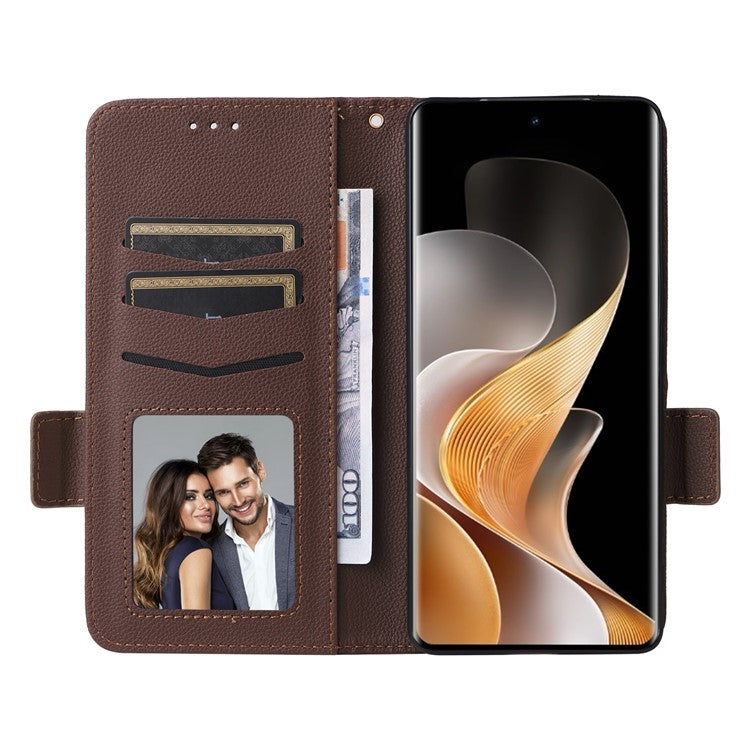 For vivo S19 Pro 5G Case Litchi Texture Leather Phone Cover with Hand Strap - Brown