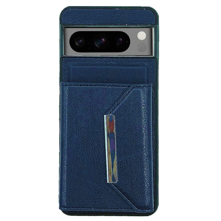 For Google Pixel 8 Pro Case Leather Phone Back Cover with Card Holder Kickstand - Sapphire