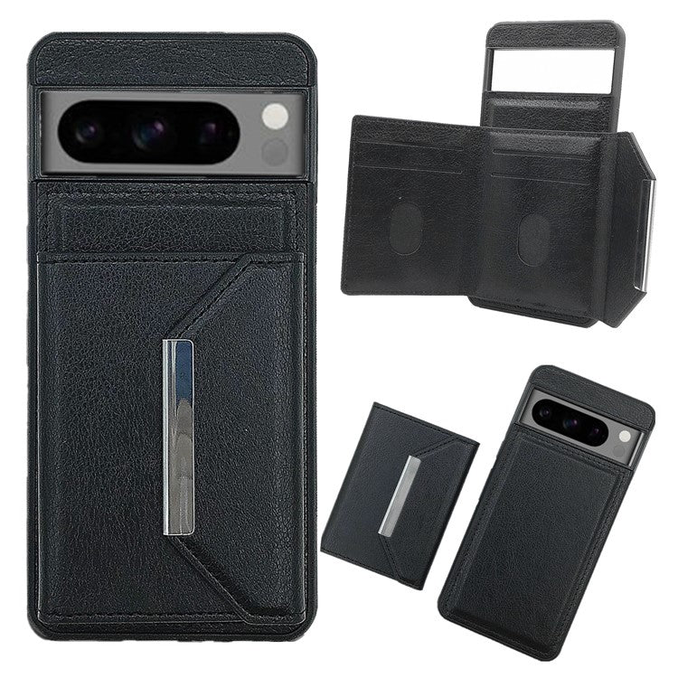 For Google Pixel 8 Pro Case Leather Phone Back Cover with Card Holder Kickstand - Black