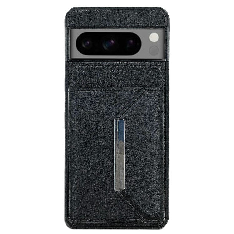 For Google Pixel 8 Pro Case Leather Phone Back Cover with Card Holder Kickstand - Black