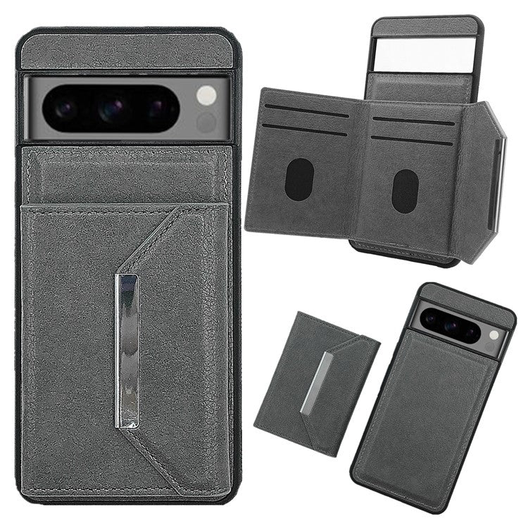 For Google Pixel 8 Pro Case Leather Phone Back Cover with Card Holder Kickstand - Grey