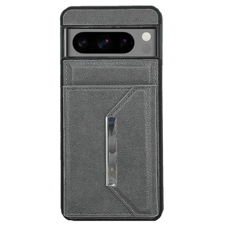 For Google Pixel 8 Pro Case Leather Phone Back Cover with Card Holder Kickstand - Grey