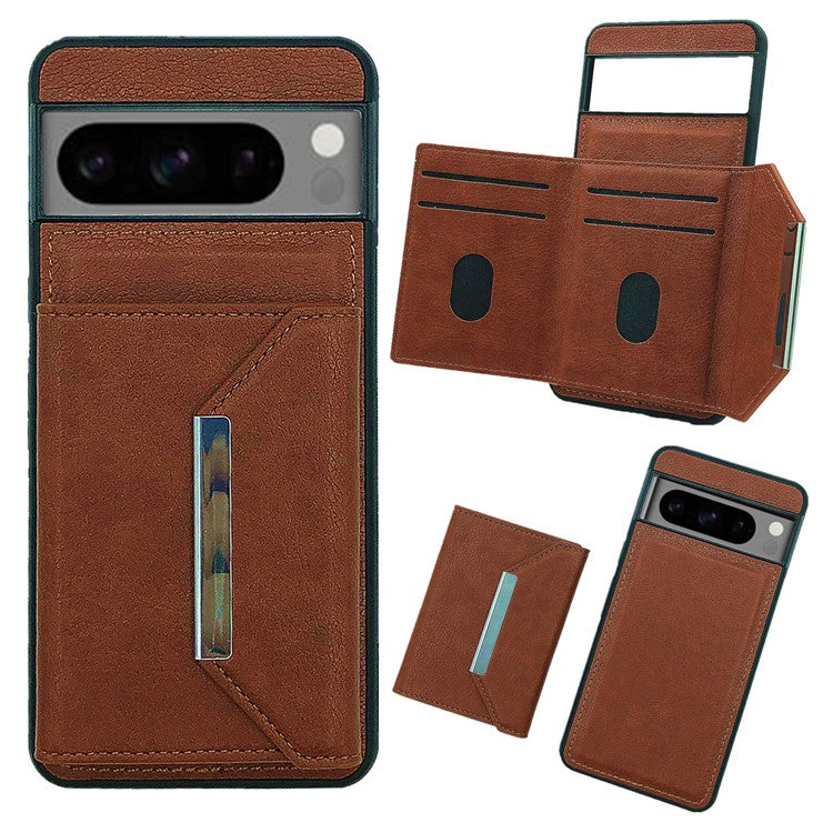 For Google Pixel 8 Pro Case Leather Phone Back Cover with Card Holder Kickstand - Brown