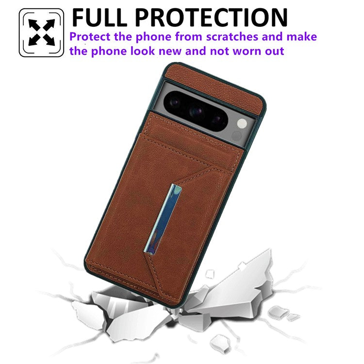 For Google Pixel 8 Pro Case Leather Phone Back Cover with Card Holder Kickstand - Brown