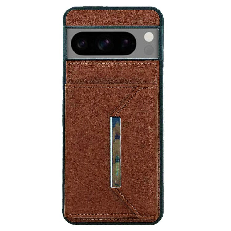 For Google Pixel 8 Pro Case Leather Phone Back Cover with Card Holder Kickstand - Brown