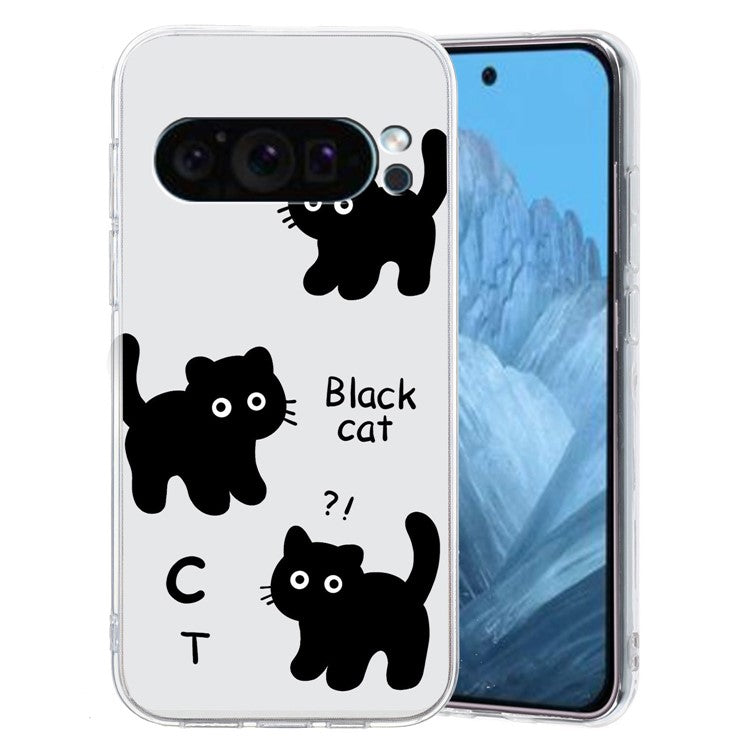 For Google Pixel 9 Pro Case TPU Phone Cover Animal Floral Pattern Print - Black Cat