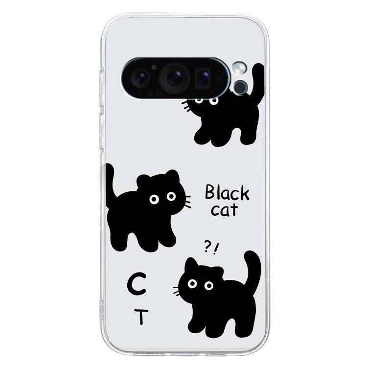 For Google Pixel 9 Pro Case TPU Phone Cover Animal Floral Pattern Print - Black Cat