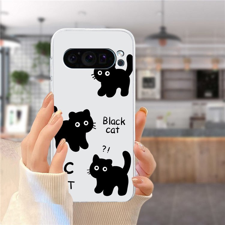 For Google Pixel 9 Pro Case TPU Phone Cover Animal Floral Pattern Print - Black Cat