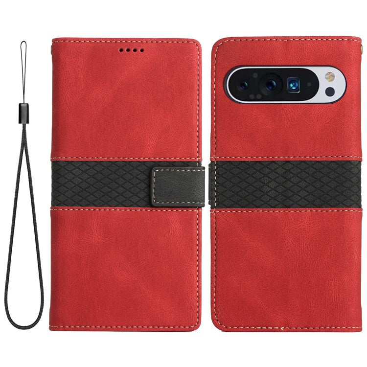 For Google Pixel 9 Pro / Pixel 9 Case Wallet PU Leather Phone Cover Grid Splicing - Red