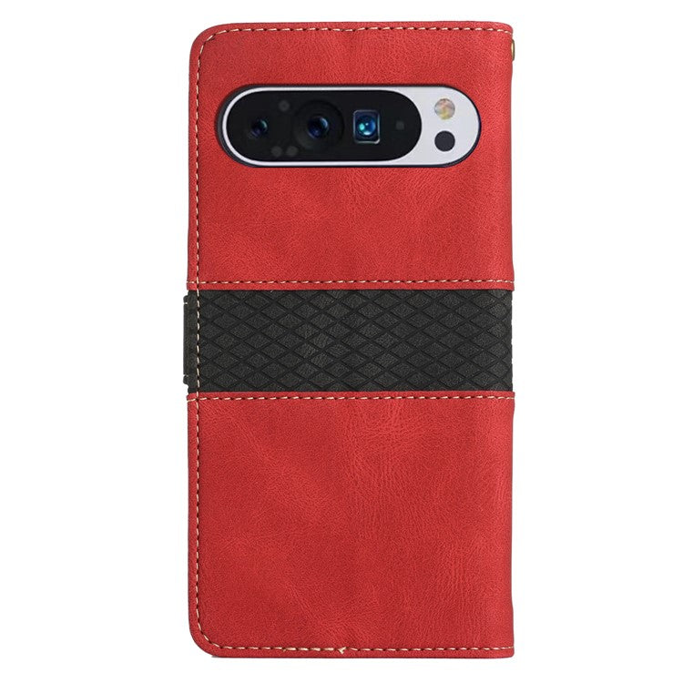 For Google Pixel 9 Pro / Pixel 9 Case Wallet PU Leather Phone Cover Grid Splicing - Red